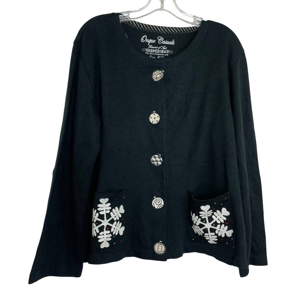 Onque Casuals button down cardigan black white ornaments XL sequin snow flakes
